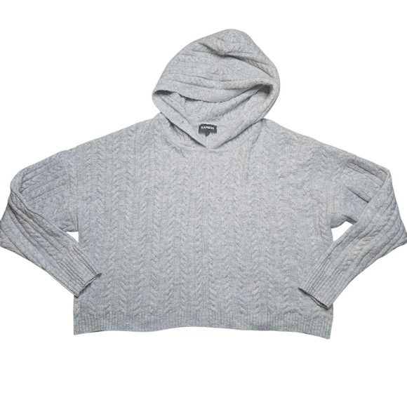 Express Medium Grey Cable Knit Cropped Hoodie Sweater - Picture 2 of 7